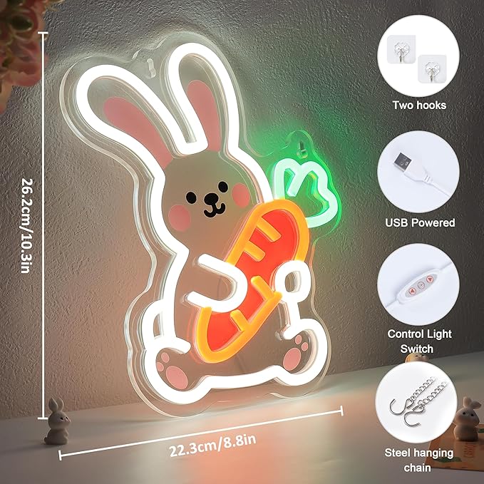YuanDian Bunny Neon Sign, Animal Neon Lights for Bedroom Living Room Wall Decor, Birthday Party Gifts for Kids Adults People Who Love Rabbits