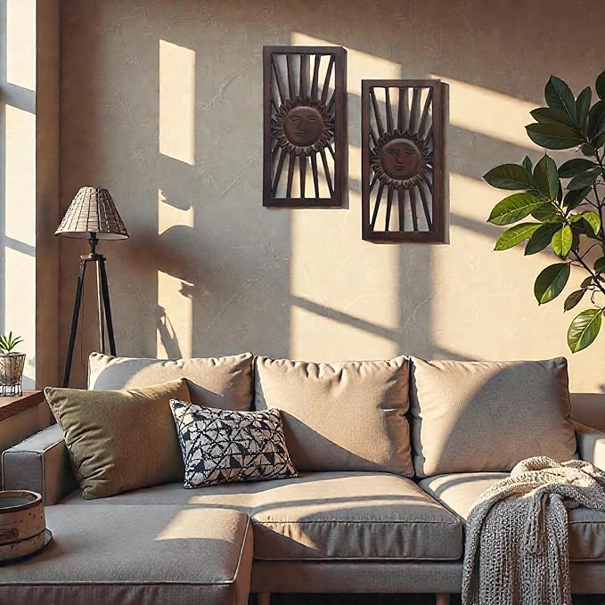 Wood Wall Art -Wall Panels in Handcrafted Carved Wood For Livingroom Bedroom,Dining room,Elegant Decorative Wall Art for Home & Office 8x16" Set of 2 Burnt Brown_Sun Burst Designs