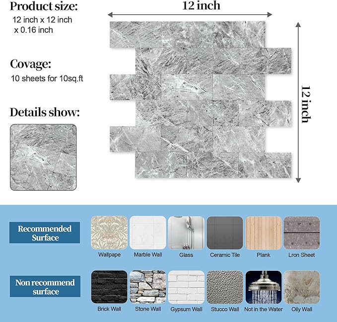 10-Pack Peel and Stick Tile Backsplash 12"X12" PVC Wall Tiles, Stick on Backsplash for Kitchen, Bathroom Tile, Fireplace Décor, Laundry Table, Stair Decals in Vintage Polished Gray