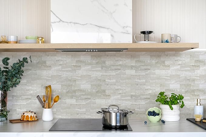 5-Pack Peel and Stick Tile Backsplash 12"X12" PVC Wall Tiles, Stick on Backsplash for Kitchen, Bathroom Tile, Fireplace Décor, Laundry Table, Stair Decals in Dolomite