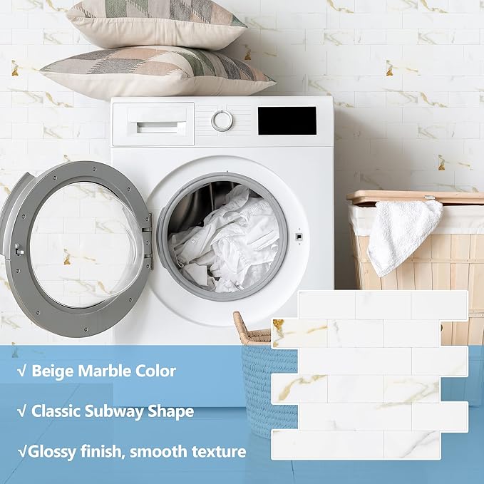 1-Pack Peel and Stick Tile Backsplash 12"X12" PVC Wall Tiles, Stick on Backsplash for Kitchen, Bathroom Tile, Fireplace Décor, Laundry Table, Stair Decals in Polished Marble