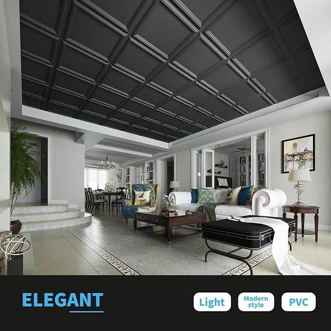 Art3d 12-Pack Drop Relief Ceiling Tiles for Home, Office & Commercial Space, 24 x 24in PVC Waterproof 3D Wall Panels Cover 48 Sq. Ft, Black