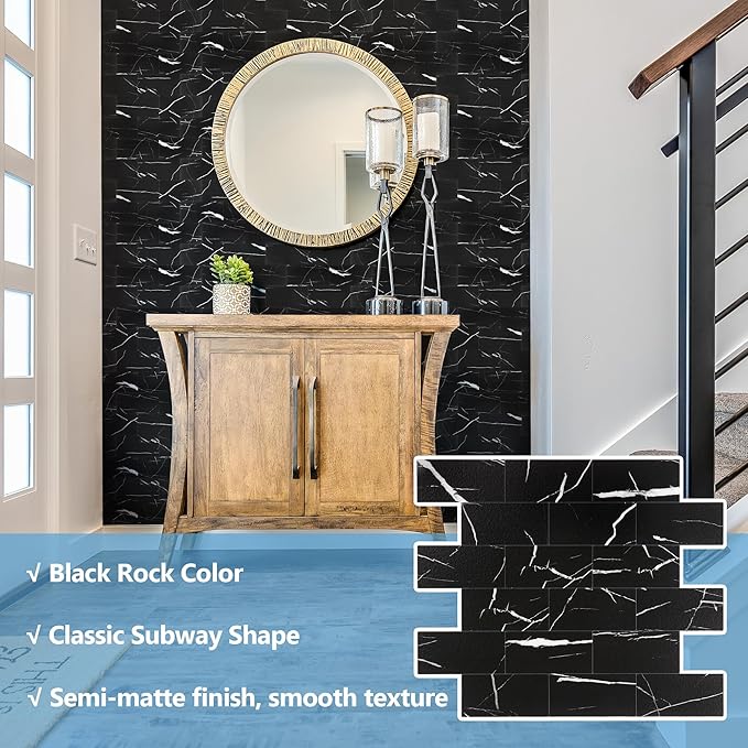 20-Pack Peel and Stick Tile Backsplash 12"X12" PVC Wall Tiles, Stick on Backsplash for Kitchen, Bathroom Tile, Fireplace Décor, Laundry Table, Stair Decals in Black Rocks