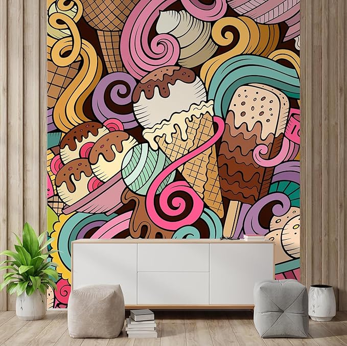 wall26 Cartoon Hand-Drawn Ice Cream Doodles Seamless Pattern Removable Wall Mural Self-Adhesive Large Wallpaper - 96x96 inches