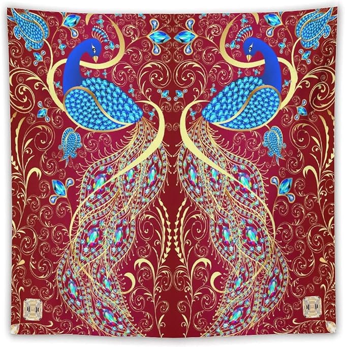ZhiRain Peacock Ornament Tapestry Wall Hanging Golden Red Background Elegant Bohemian Style Tapestries Home Decor for Living Room Bedroom Farmhouse Apartment Dorm 60"x60"