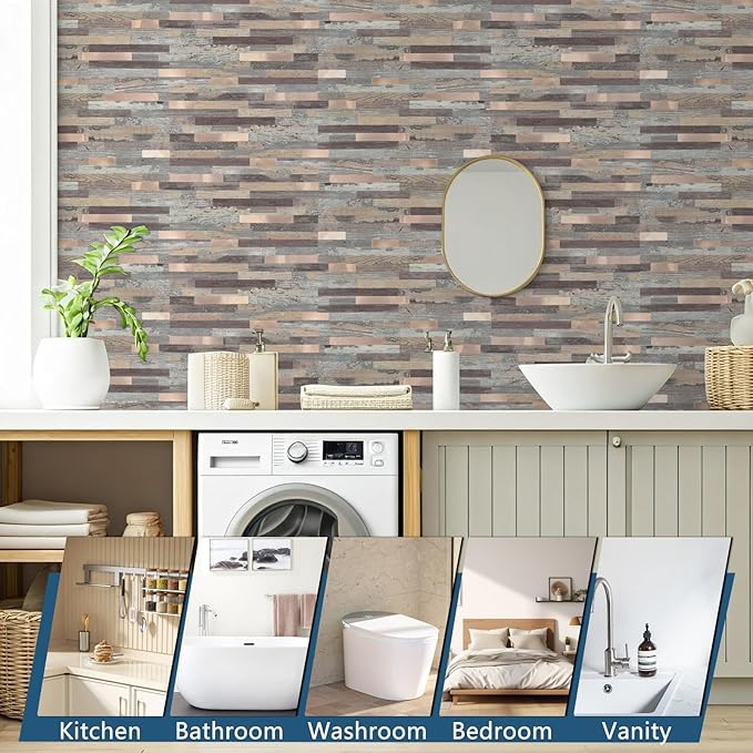 Yipscazo 40 Sheets Peel and Stick Stone Metal Backsplash Tiles, PVC Wall Tiles Stick on Backsplash for Kitchen, Bathroom (6'' X 12'', Rustic Wood)