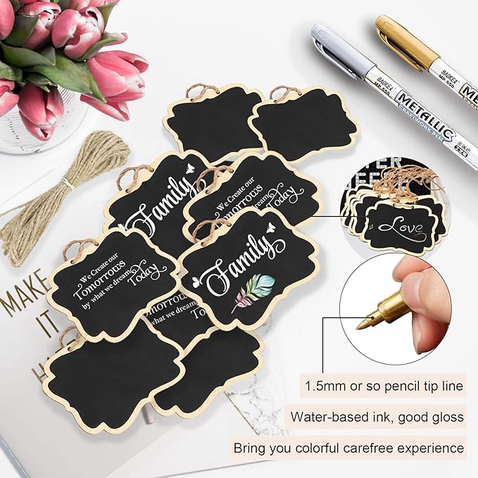 24PCS Reusable Chalkboard Tags with String, ULENDIS 2.36x3.35 Inch Wooden Chalkboards Signs with Gold and Silver Markers, Double-Sided Blackboard for Message Board Signs, Hanging Chalkboard Labels