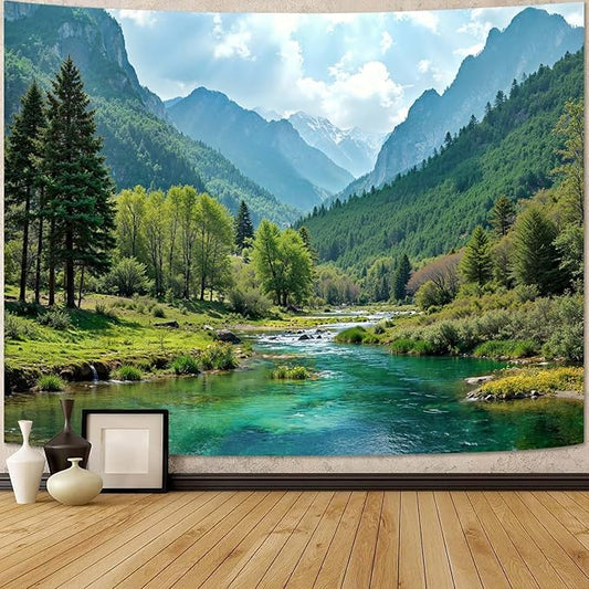 Zussun Nature Mountain Forest Tapestry Sage Green Tree Stream Wall Tapestry for Bedroom Aesthetic Lush Woodland Landscape Large Tapestries Wall Hanging for Dorm Living Room Decor 80 x 60 Inch