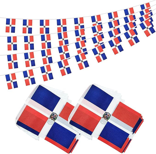 100 Feet Dominica Banner Flag String, Dominican Mini Flag Small Banner, for Party, Shops and Bars Decorations, Outdoor Decorations, 76 Flags