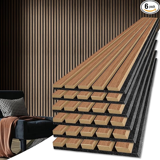 Art3d 6-Piece Wood Slat Acoustic Panels for Stylish Decor and Noise Reduction, 3D Textured Panel for Ceiling and Wall, Walnut