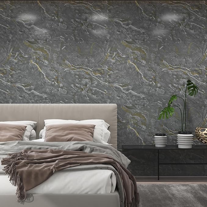 32"x591" Glossy Granite Wallpaper Peel and Stick Countertops Contact Paper Waterproof Removable Grey Gold Wall Paper for Cabinets and Drawers Self Adhesive Marble Vinyl Wallpaper for Kitchen Bathroom