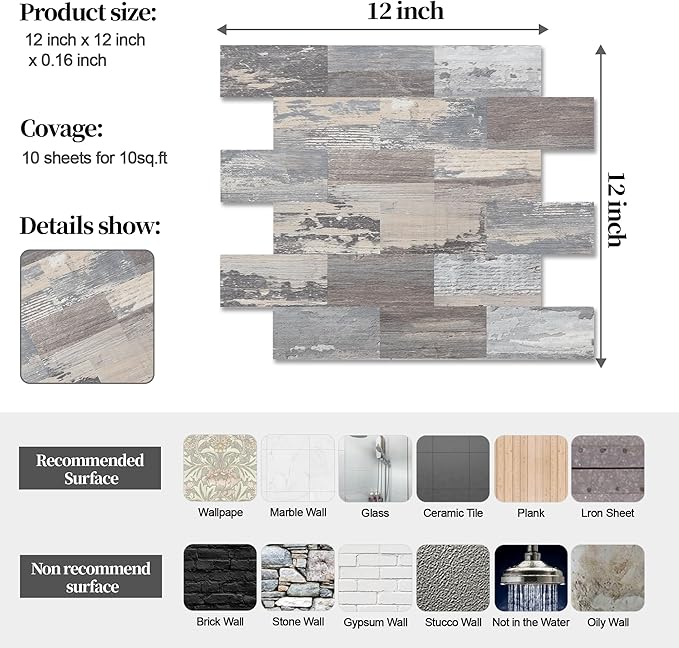 10-Pack Peel and Stick Tile Backsplash 11.3"X11.5" PVC Wall Tiles, Stick on Backsplash for Kitchen, Bathroom, Fireplace Décor, Laundry Table, Stair Decals in Light Rustic