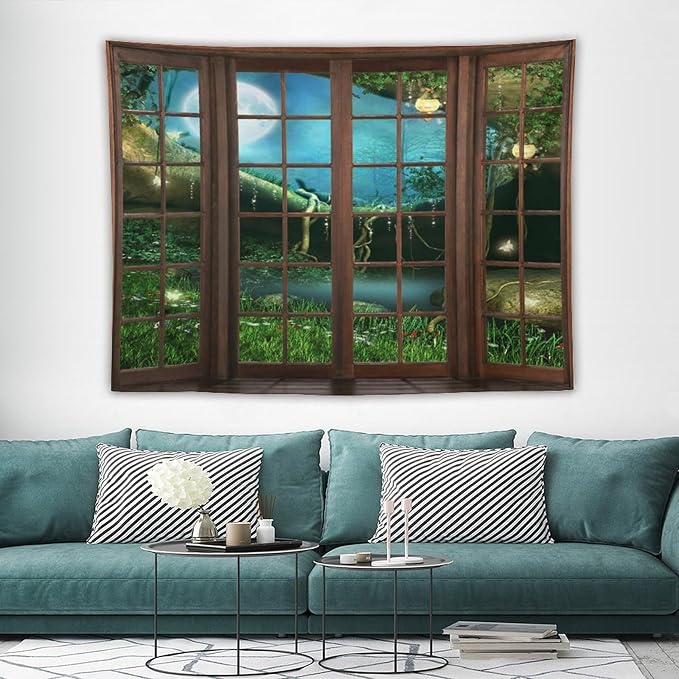 ZhiRain Fantasy Landscape Tapestry Wall Hanging Wooden Window Enchanted Forest Green Jungle Magic Full Moon Plant Night Scene Tapestries Home Decor for Living Room Bedroom Apartment Farmhouse 60"x80"