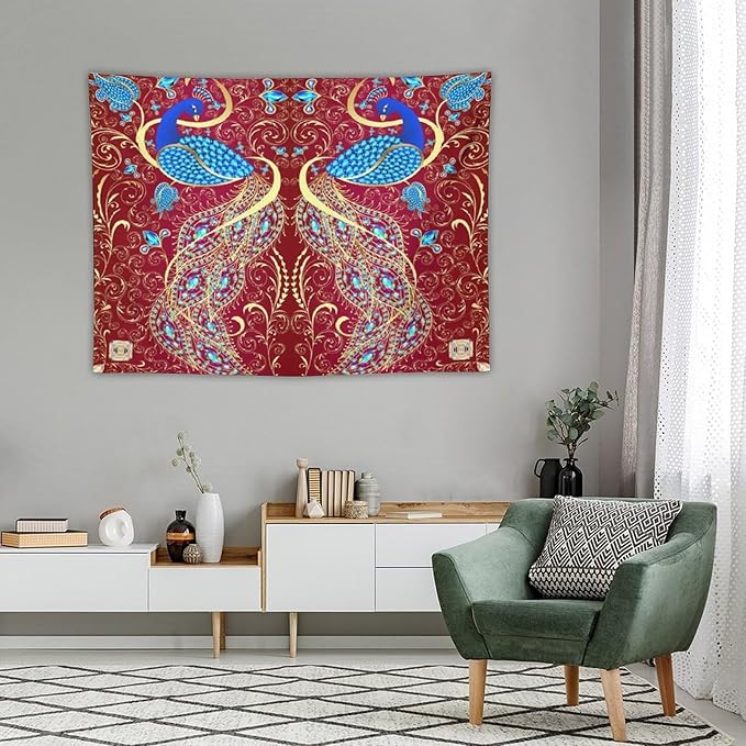 ZhiRain Peacock Ornament Tapestry Wall Hanging Golden Red Background Elegant Bohemian Style Tapestries Home Decor for Living Room Bedroom Farmhouse Apartment Dorm 30"x40"