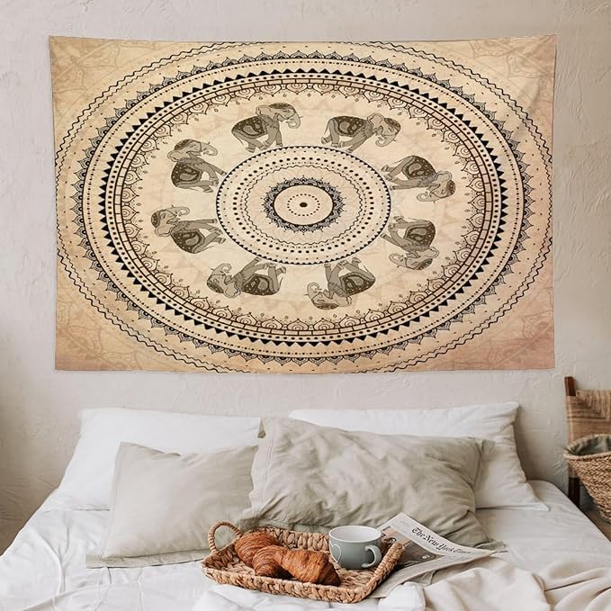 AAVEUP Indian Hippie Bohemian Psychedelic Tapestry Bohemian Brown Abstract Geometric Mandala Flower Vintage Elephant Texture Tapestries for Bedroom Dorm Living Room Decor 40x60in