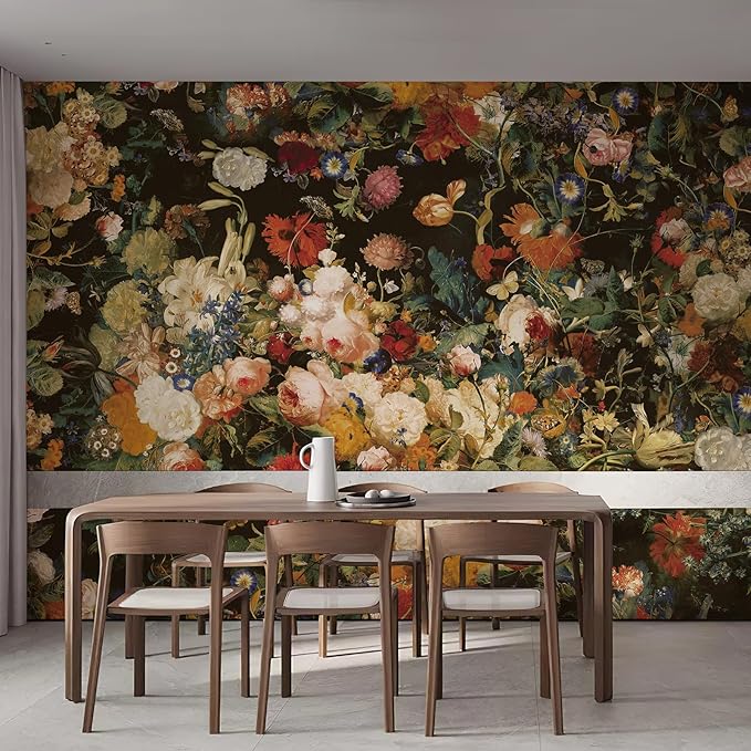 Zeeko Dark Floral Wallpaper Peel and Stick 177" W x 110" H Waterproof Canvas Fabric Vintage Moody Large Wall Mural Self Adhesive Removable Wall Paper for Bedroom Living Room Art Deco