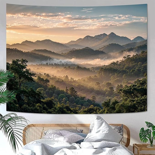 Zussun Nature Mountain Forest Tapestry Dawn Misty Green Tree Jungle Wall Tapestry for Bedroom Aesthetic Lush Sunshine Landscape Small Tapestries Wall Hanging for Dorm Living Room Decor 48 x 36 Inch