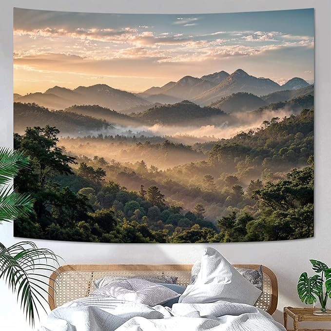 Zussun Nature Mountain Forest Tapestry Dawn Misty Green Tree Jungle Wall Tapestry for Bedroom Aesthetic Lush Sunshine Landscape Large Tapestries Wall Hanging for Dorm Living Room Decor 80 x 60 Inch