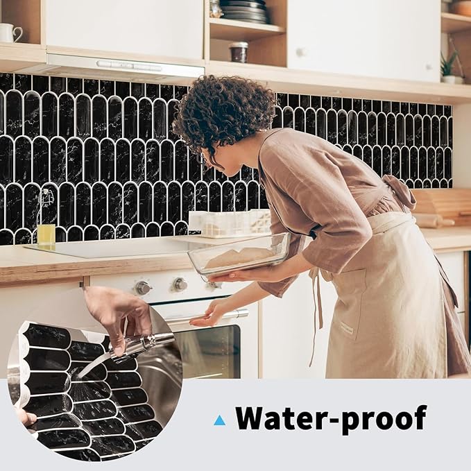 Art3d 10-Sheet Peel and Stick Kitchen Backsplash Tile, Vinyl Stick On Wall Tile Sticker for Bathroom Laundry Room Back Splashes, 12"x12" Black Marble