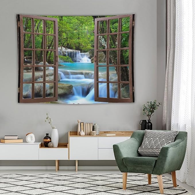 ZhiRain Waterfall Tree Landscape Tapestry Wall Hanging Natural Scenery Forest Garden Spring Stone River Tapestries Home Decor for Living Room Bedroom Apartment Farmhouse Dorm 60"x80"