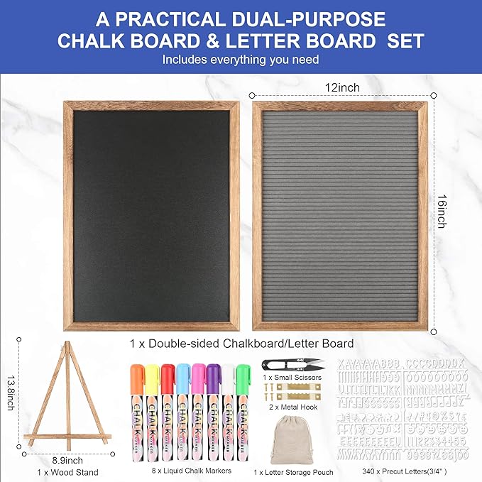 12x16 inch Double Sided Chalkboard and Felt Letter Board with Stand - Reversible Wooden Frame Easel for Menu, Announcements, Home, Office, Cafe, Restaurant Decor