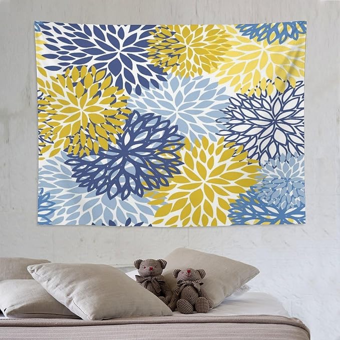 ZhiRain Blue Yellow Floral Tapestry Wall Hanging Boho Dahlia Chrisanthemum Flowers Pattern Tapestries Home Decor for Living Room Bedroom Farmhouse Apartment Dorm 60"x80"