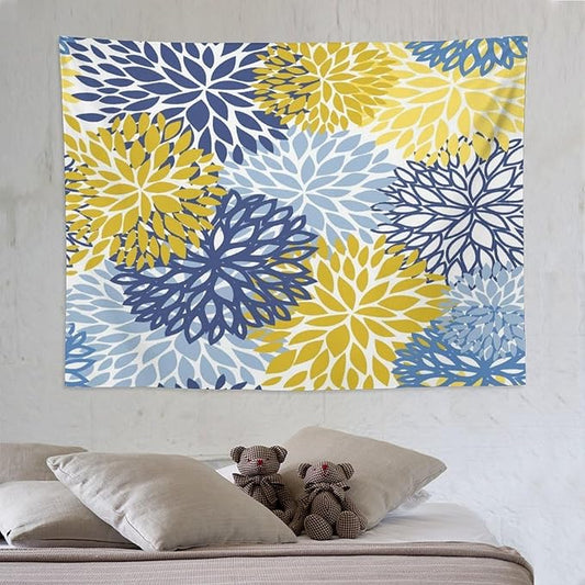 ZhiRain Blue Yellow Floral Tapestry Wall Hanging Boho Dahlia Chrisanthemum Flowers Pattern Tapestries Home Decor for Living Room Bedroom Farmhouse Apartment Dorm 60"x80"