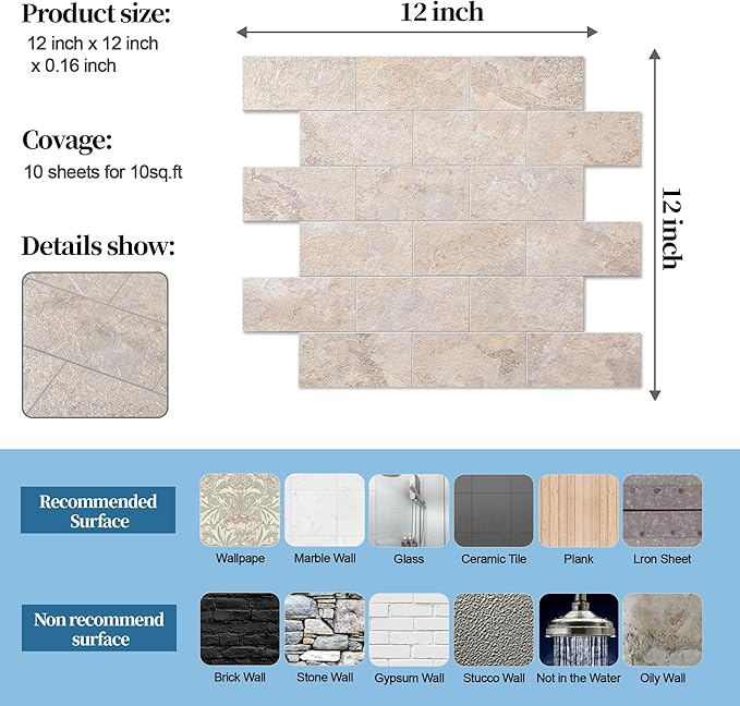 10-Pack Peel and Stick Tile Backsplash 12"X12" PVC Wall Tiles, Stick on Backsplash for Kitchen, Bathroom Tile, Fireplace Décor, Laundry Table, Stair Decals in Beige Stone Rocks