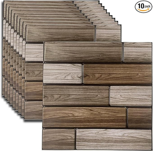 10PCS 3D Wall Panels Peel and Stick, Brick Pattern in Brown and Rust Tones Faux Stone Wall Panel Foam Brick Self-Adhesive Wallpaper (11.8in*11.8in) (Grey Wooden)