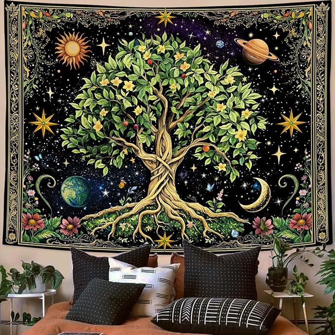 Zussun Tree of Life Tapestry Vintage Nature Green Plant Floral Flowers Celestial Tapestries for Bedroom Aesthetic Retro Sun Moon Stars Galaxy Tapestry Wall Hanging for Dorm Living Room 90 x 68 Inch