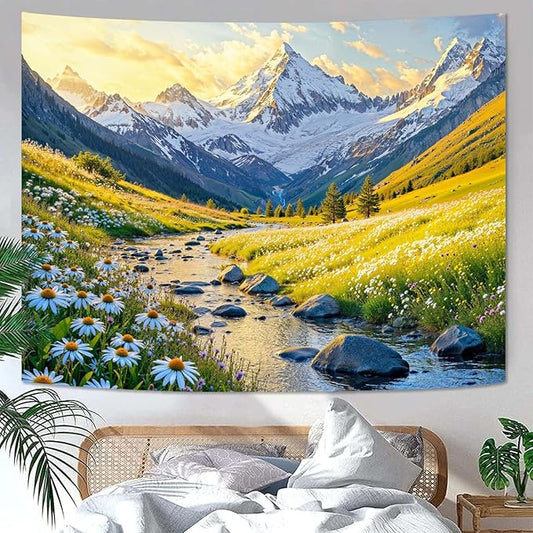 Zussun Nature Mountain Tapestry Daisy Flower Yellow Meadow Tapestry for Bedroom Aesthetic Sunlit Valley Snowy Stream Landscape Small Tapestries Wall Hanging for Dorm Living Room Decor 48 x 36 Inch