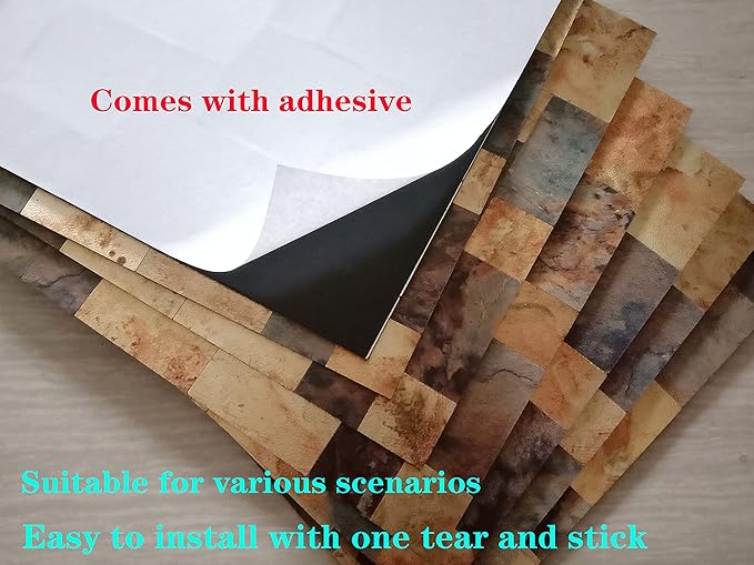 YMMXGE 5-Sheet Peel and Stick Backsplash Stone Tiles, Brushed Aluminum PVC Surface Metal Mosaic Sticker for Kitchen Wall (11.81"x11.81"Per Sheet) (5, Golden & Brown)