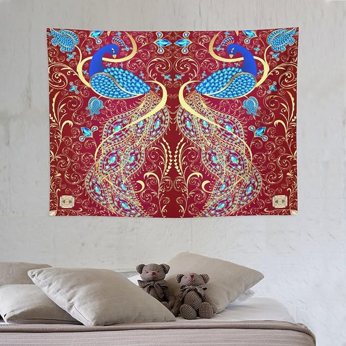 ZhiRain Peacock Ornament Tapestry Wall Hanging Golden Red Background Elegant Bohemian Style Tapestries Home Decor for Living Room Bedroom Farmhouse Apartment Dorm 30"x40"