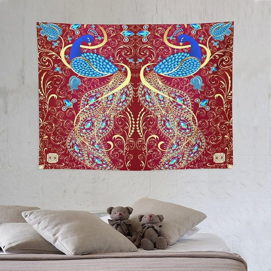 ZhiRain Peacock Ornament Tapestry Wall Hanging Golden Red Background Elegant Bohemian Style Tapestries Home Decor for Living Room Bedroom Farmhouse Apartment Dorm 30"x40"