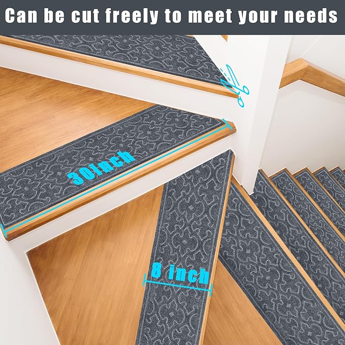 4Pcs Stair Treads for Wooden Steps Indoor with Self Adhesive, 8"x30" Non Slip Stair Runners-Peel & Stick Indoor Stair Carpet Runner, Resistant Indoor Runner for Kids、Elders and Pets,Dark Grey