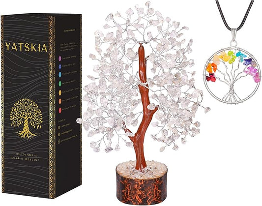 YATSKIA Clear Quartz Crystal Tree - Sculpture, Handmade 100% Natural Gemstones, Customizable, Home Decor, Feng Shui, Housewarming Gift