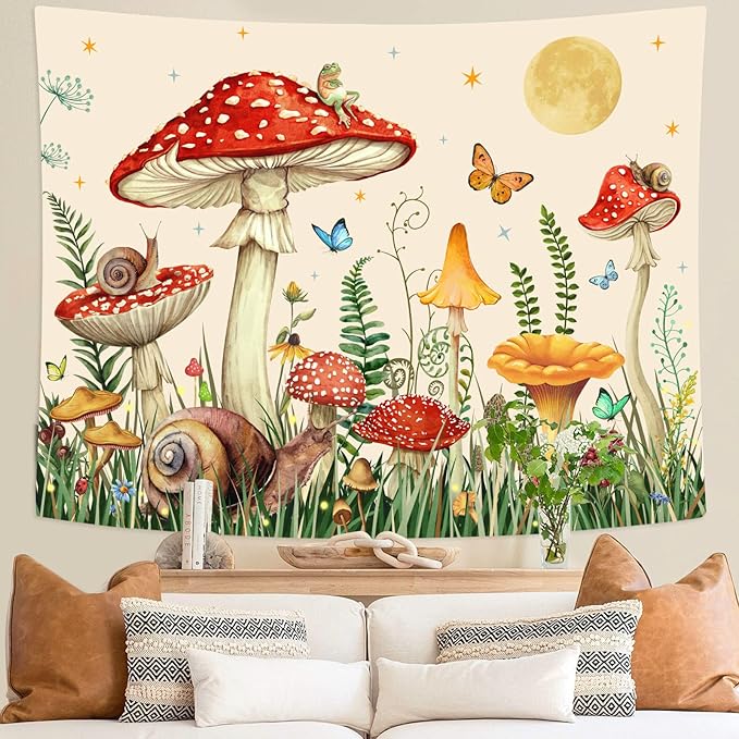 Zussun Red Mushroom Tapestry Moon Star Tapestries for Bedroom Aesthetic Beige Starry Night Green Plant Tapastrys Wall Hanging Butterfly Snail Frog Wall Tapestry for Living Room Dorm (Beige, 48" x 36")