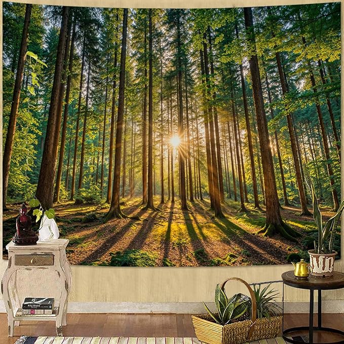 Zussun Nature Forest Tapestry Sunlit Green Woodland Tapestry for Bedroom Aesthetic Lush Trees Landscape Large Tapestries Wall Hanging for Dorm Living Room Decor 80 x 60 Inch