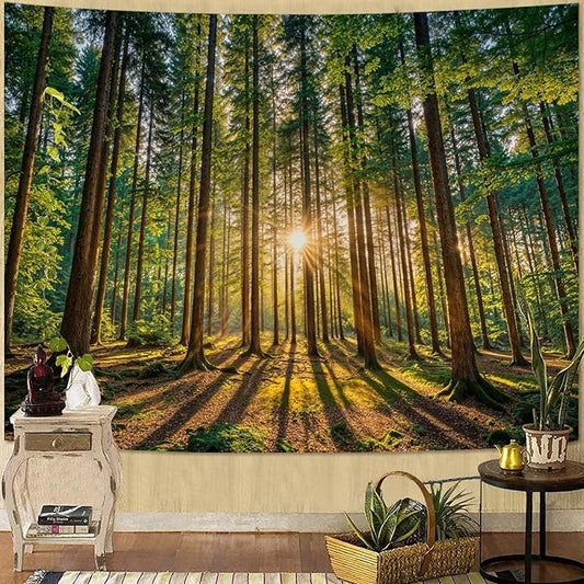 Zussun Nature Forest Tapestry Sunlit Green Woodland Tapestry for Bedroom Aesthetic Lush Trees Landscape Small Tapestries Wall Hanging for Dorm Living Room Decor 48 x 36 Inch