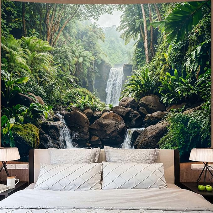 Zussun Nature Forest Tapestry Green Rainforest Tree Wall Tapestry for Bedroom Aesthetic Waterfall Lush Landscape Large Tapestries Wall Hanging for Dorm Living Room Decor 80 x 60 Inch