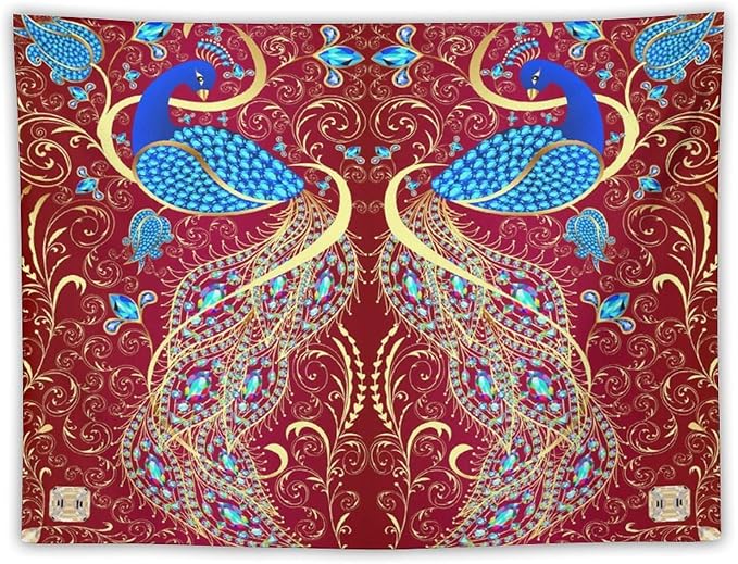 ZhiRain Peacock Ornament Tapestry Wall Hanging Golden Red Background Elegant Bohemian Style Tapestries Home Decor for Living Room Bedroom Farmhouse Apartment Dorm 30"x40"