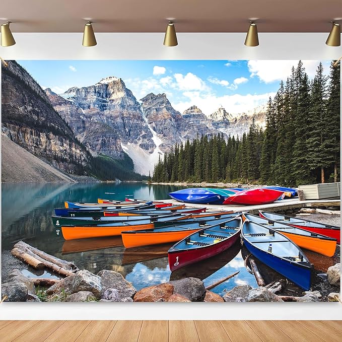 ZHXYMMS Mountain Lake Backdrop Banff National Park Lake Forest Scenery Photography Background Canadian Rockies Pine Trees Lakeside Canoe Outdoor Decorations Banner Photo Booth Studio Props 7x5ft