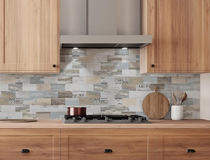 5-Pack Peel and Stick Tile Backsplash 12"X12" PVC Wall Tiles, Stick on Backsplash for Kitchen, Bathroom Tile, Fireplace Décor, Laundry Table, Stair Decals in Vintage Wood Grain