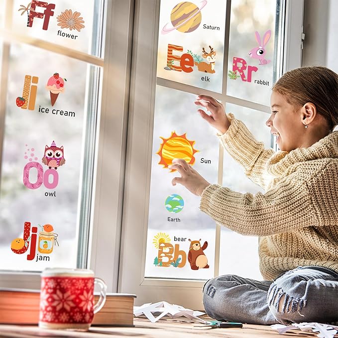 Animal Alphabet Numbers Colour Decals Stickers, ULENDIS ABC Letters Pens Space Planets Educational Wall Decals, Peel and Stick Removable Wall Decors for Toddlers Classroom Bedroom Nursery Playroom