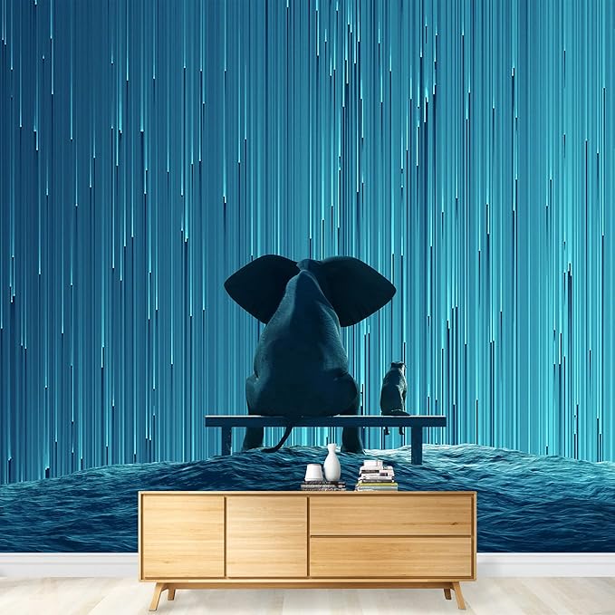 wall26 Elephant and Dog Looking at Raining Stars Wallpaper - Removable Wall Mural Self-Adhesive Large Wall Mural - 100x144 in