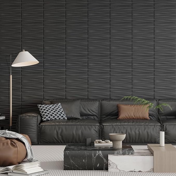 Art3d 24-Pack 3D Wall Panels for Interior Home Décor, PVC Wavy Textured Accent Wall Paneling for Living Room Bedroom TV Backdrop Office, 15.7 x 11.8 Inch - Black