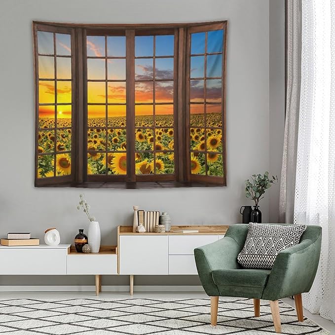 ZhiRain Sunflowers Landscape Tapestry Wall Hanging Through The Window Fields Sunset Scenery Tapestries Home Decor for Living Room Bedroom Apartment Farmhouse Dorm 50"x60"