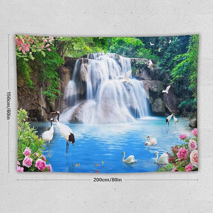 ZhiRain Waterfall Landscape Tapestry Wall Hanging Natural Forest Garden Trees And Roses Flower Scenery Tapestries Home Decor for Living Room Bedroom Apartment Farmhouse Dorm 60"x80"