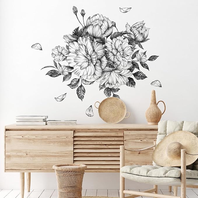 Zonon 6 Pcs Flowers Wall Decals Stickers Vinyl Removable Peel and Stick Colorful Dragonflies Floral Wall Murals Decor for Bedroom Living Room Nursery(Floral Peony)