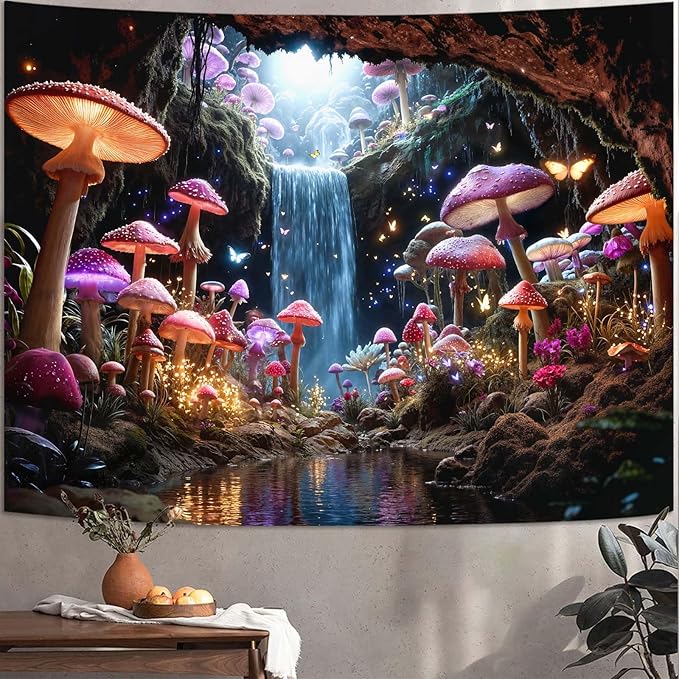 Zussun Fantasy Mushroom Waterfull Tapestry Fairy Butterfly Cave Wall Tapestry for Bedroom Aesthetic Nature Magic Floral Large Tapestries Wall Hanging for Dorm Living Room Decor 80 x 60 Inch